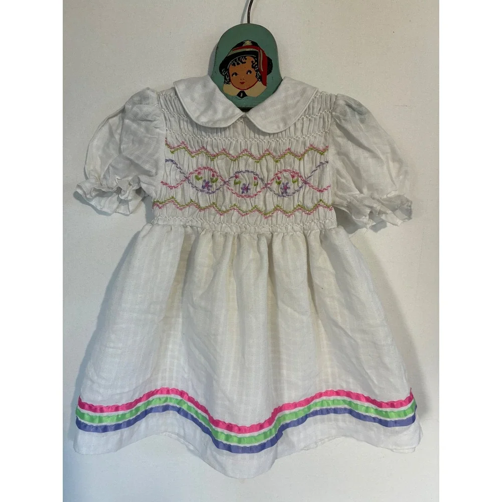VTG 80's Pioneer Dress Hand Smocked Floral Embroidery Girls White 9 Months